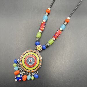 Colorful Boho Pendant Statement Necklace Art Glass Beaded Fringe Medallion Artsy